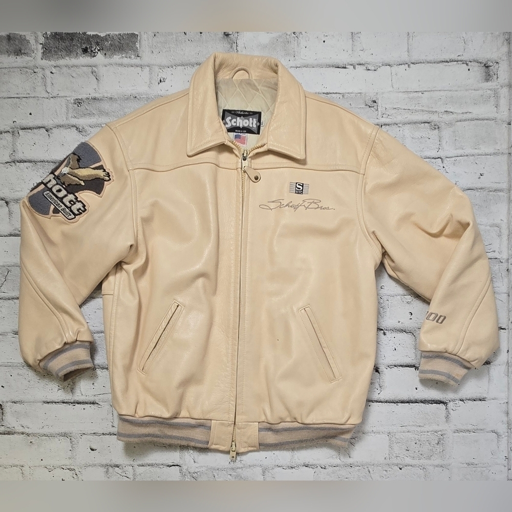Schott NYC Worldwide Eagle Leather Jacket Cream XL Rare Vintage USA Made